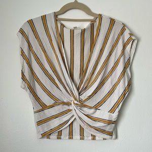 Love Tree retro yellow and white striped crop top with knot detail | size M